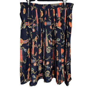 Vtg Alfred Dunner Sz 18 Navy Pleated Midi Skirt Military Metals Chains Ribbon